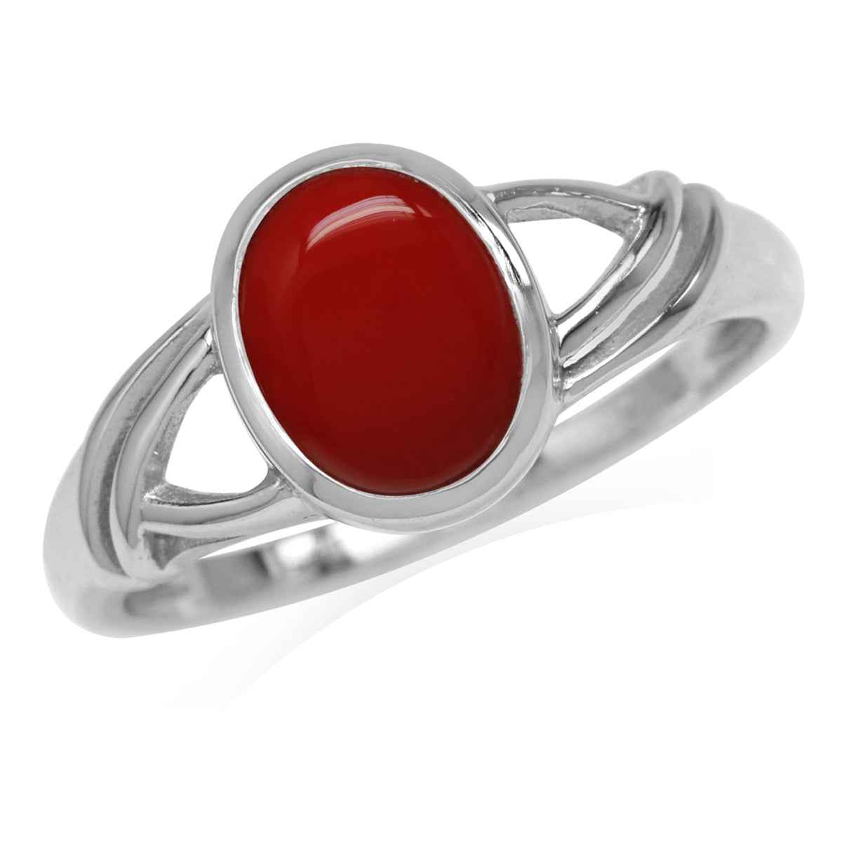 9X7mm Oval Shape Created Red Coral White Gold Plated 925 Sterling Silver Solitaire Casual Ring