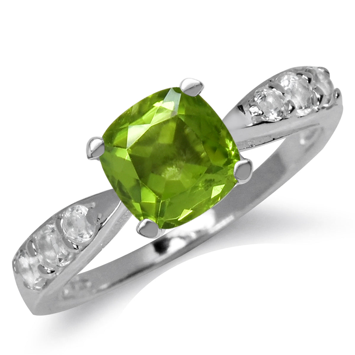 1.54ct. 7MM Natural Cushion Shape Peridot & White Topaz 925 Sterling Silver Engagement Ring silvershake