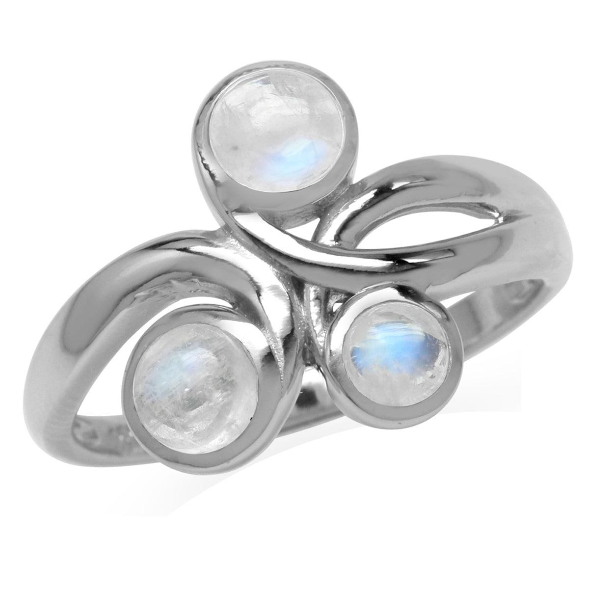 3-Stone Natural Moonstone White Gold Plated 925 Sterling Silver Ribbon Knot/Weave Ring