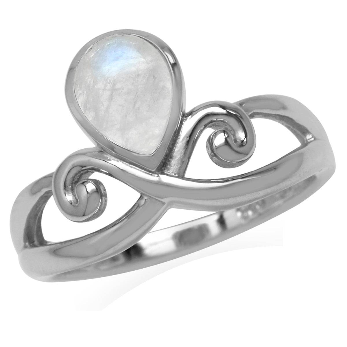 8x6MM Natural Pear Shape Moonstone White Gold Plated 925 Sterling Silver Swirl & Spiral Ring