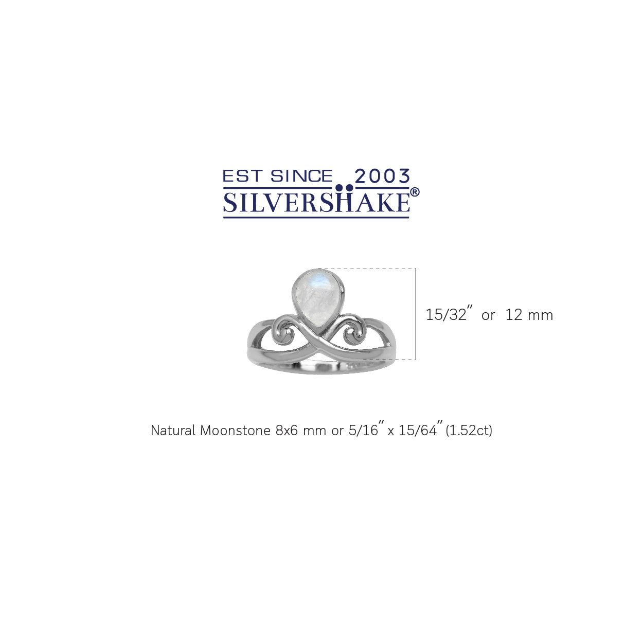 8x6MM Natural Pear Shape Moonstone White Gold Plated 925 Sterling Silver Swirl & Spiral Ring