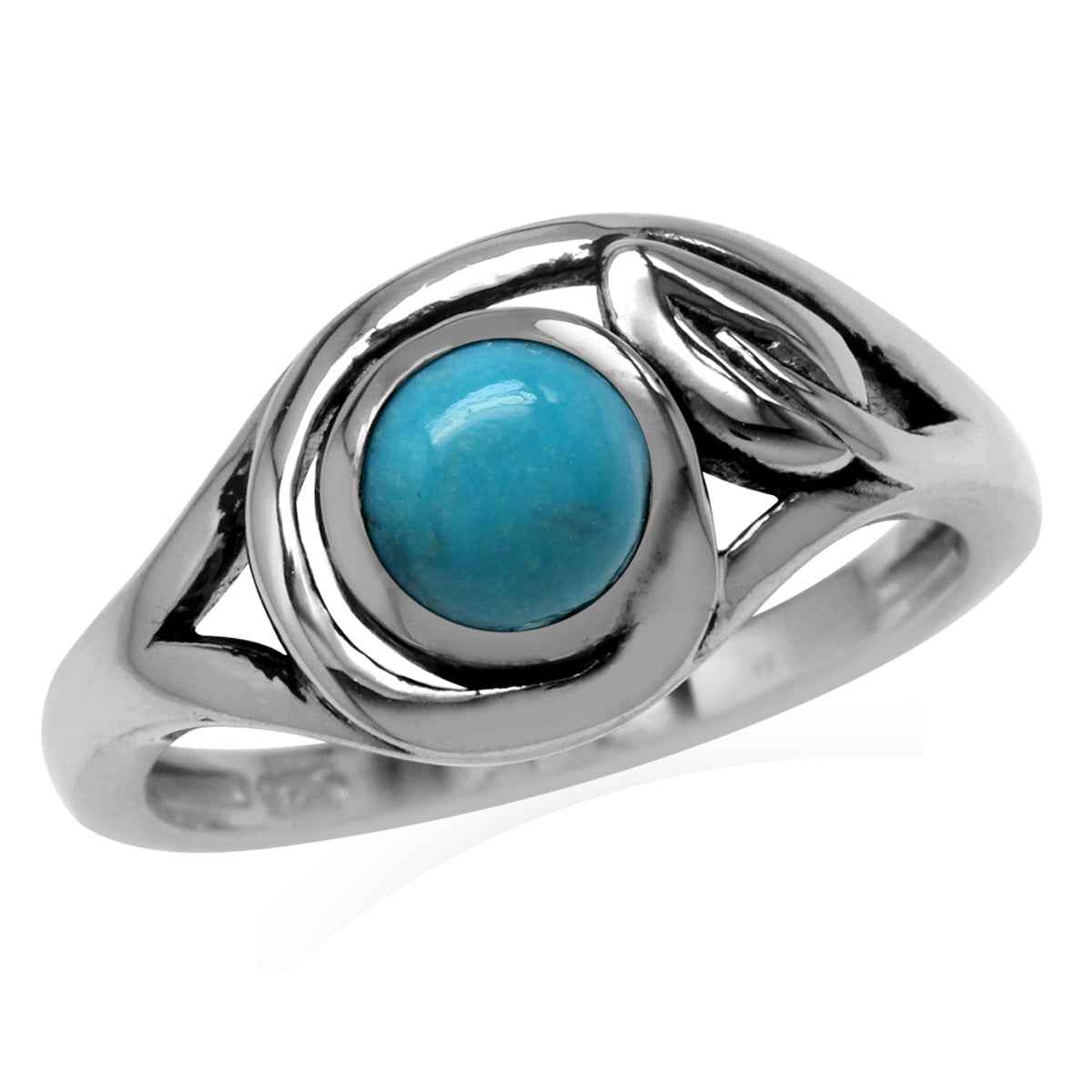 6MM Genuine Round Shape American Turquoise 925 Sterling Silver Leaf Vintage Inspired Ring