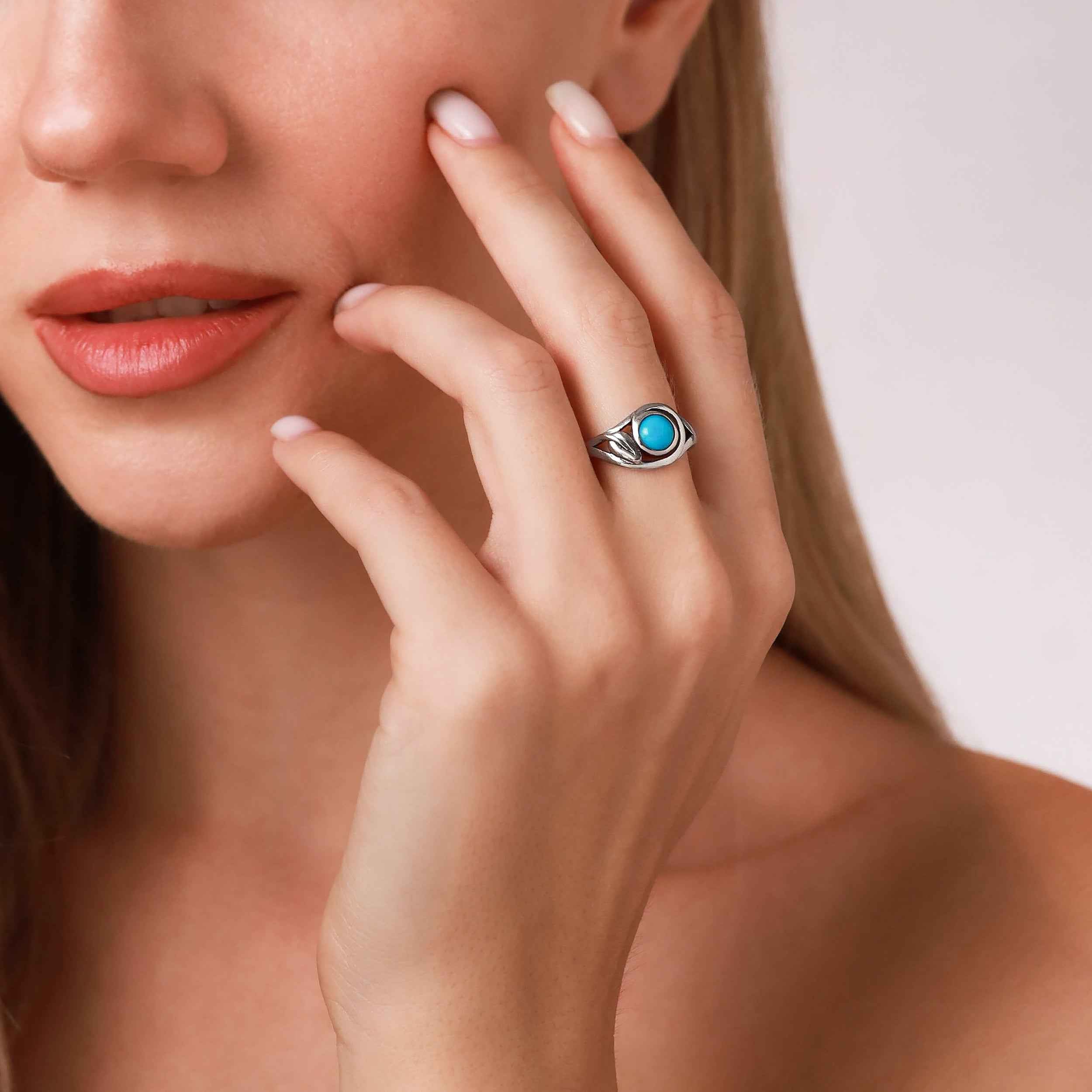 6MM Genuine Round Shape American Turquoise 925 Sterling Silver Leaf Vintage Inspired Ring