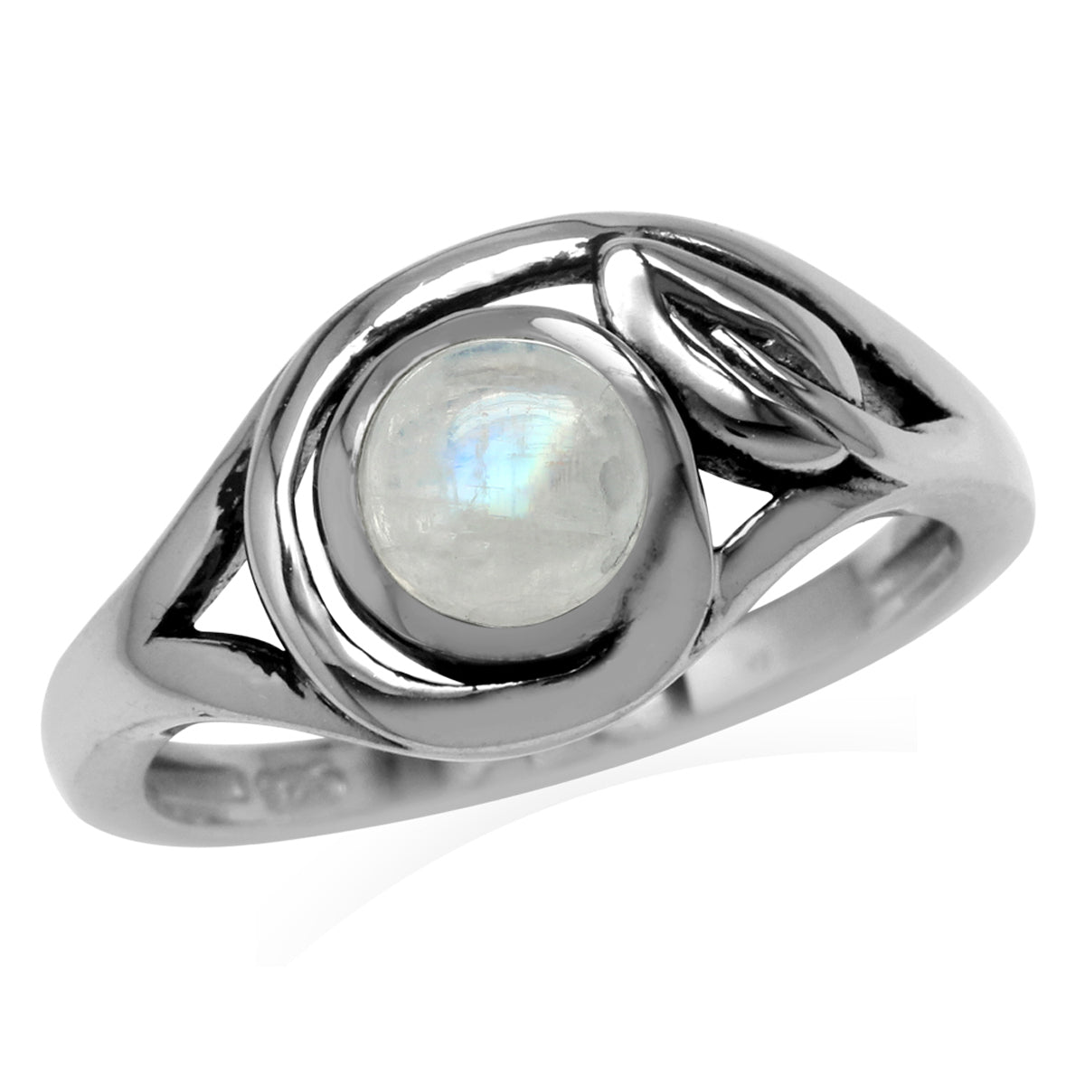 6MM Natural Round Shape Moonstone 925 Sterling Silver Leaf Vintage Inspired Ring