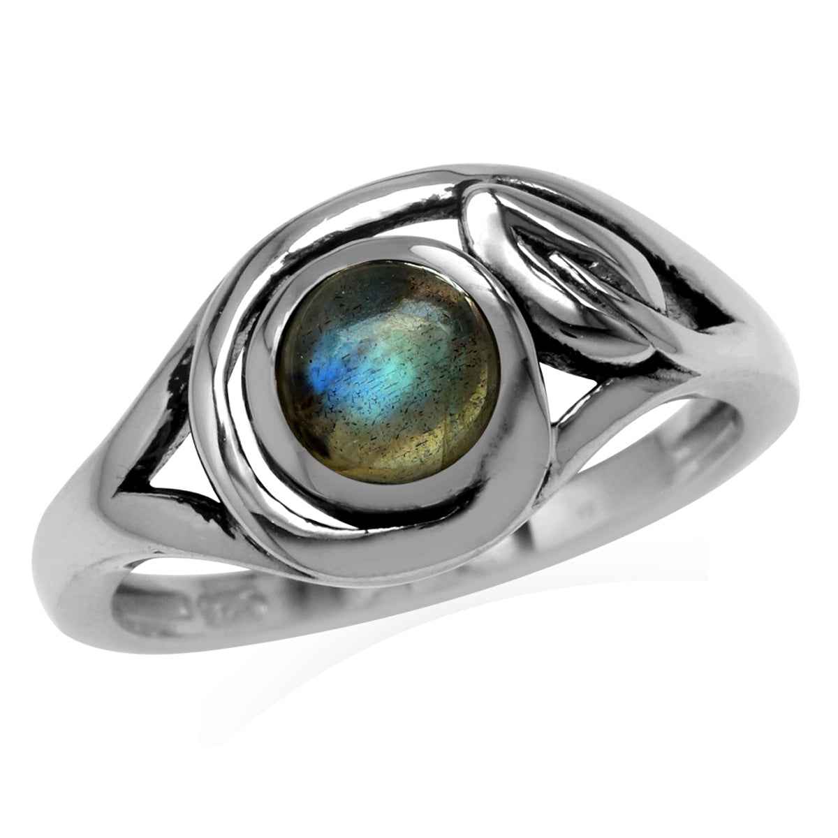 6MM Round Shape Labradorite 925 Sterling Silver Leaf Vintage Inspired Ring