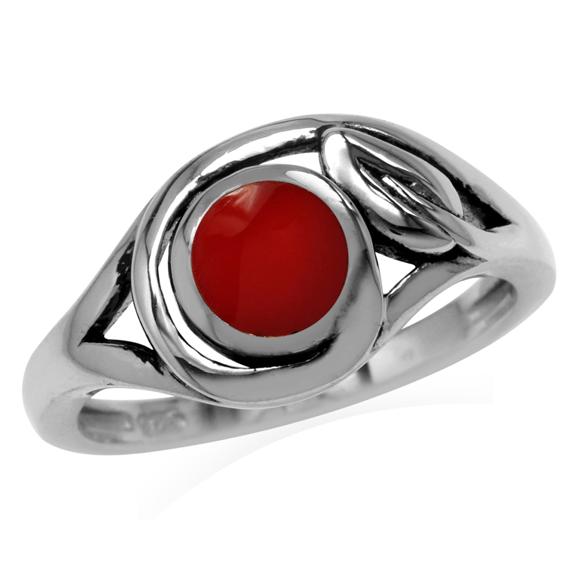 6MM Created Round Shape Red Coral 925 Sterling Silver Leaf Vintage Inspired Ring