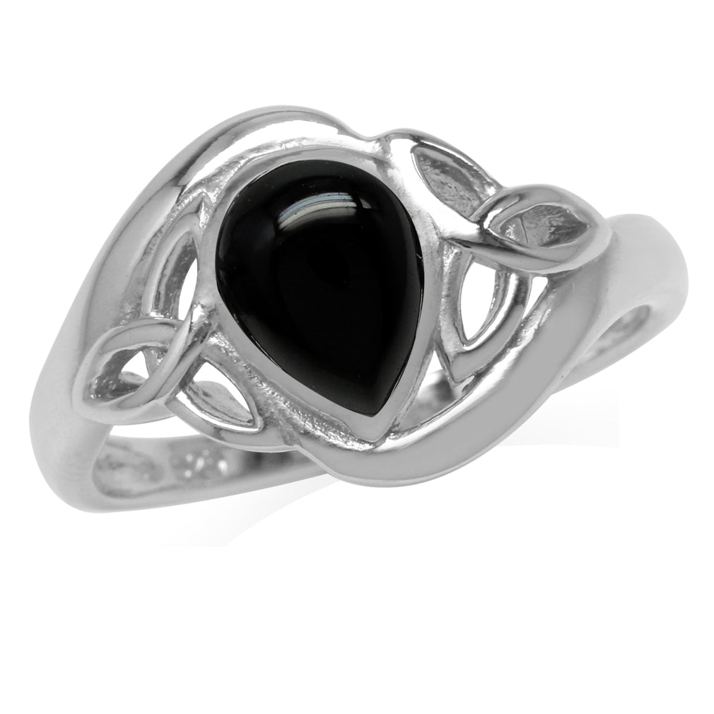 Genuine Pear Shape Black Onyx White Gold Plated 925 Sterling Silver Triquetra Celtic Knot Ring - Silvershake-store