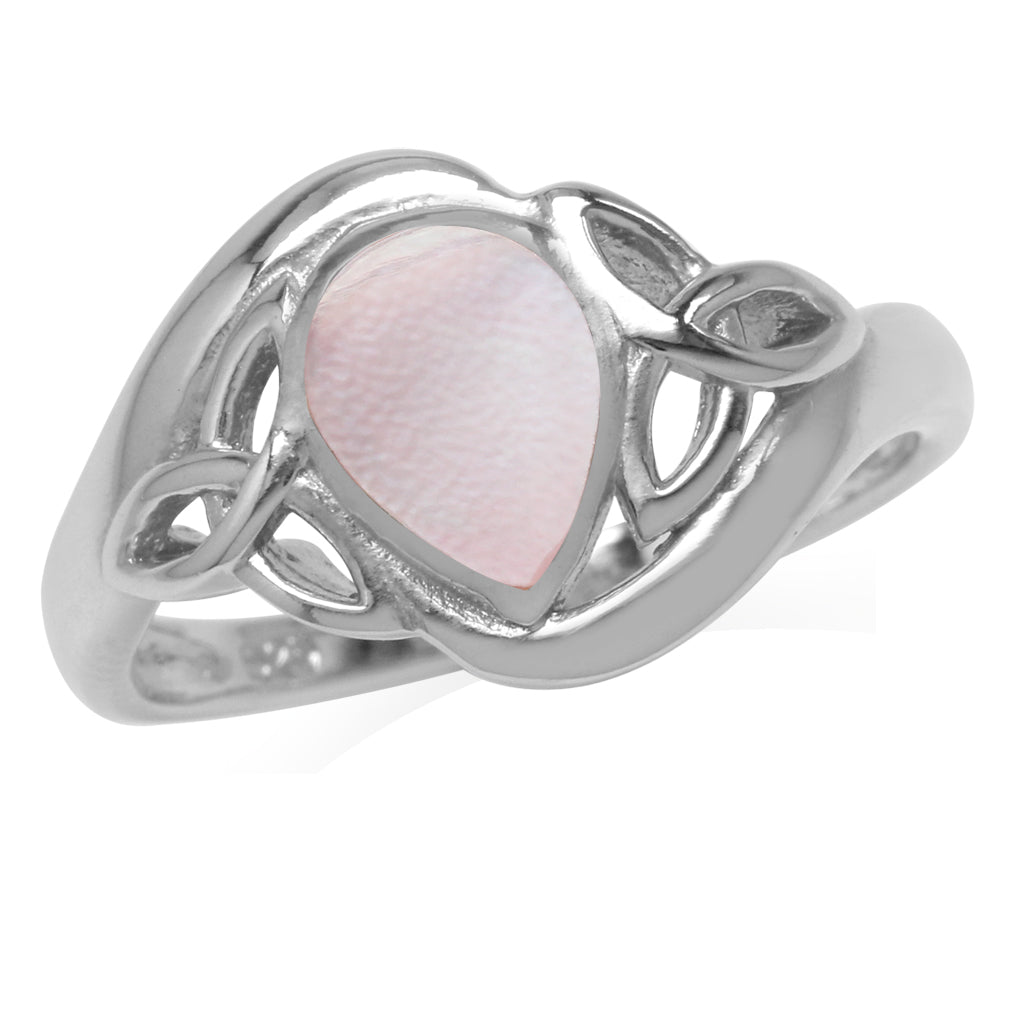 Pear Shape Pink Mother of Pearl White Gold Plated 925 Sterling Silver Triquetra Celtic Knot Ring - Silvershake-store
