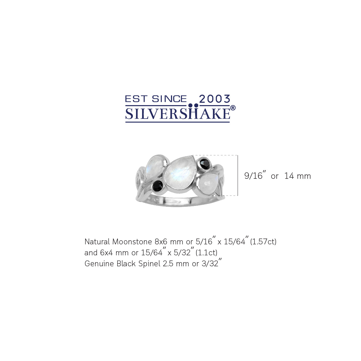 Natural Moonstone and Black Spinel White Gold Plated 925 Sterling Silver Leaf Vintage Ring - Silvershake-store