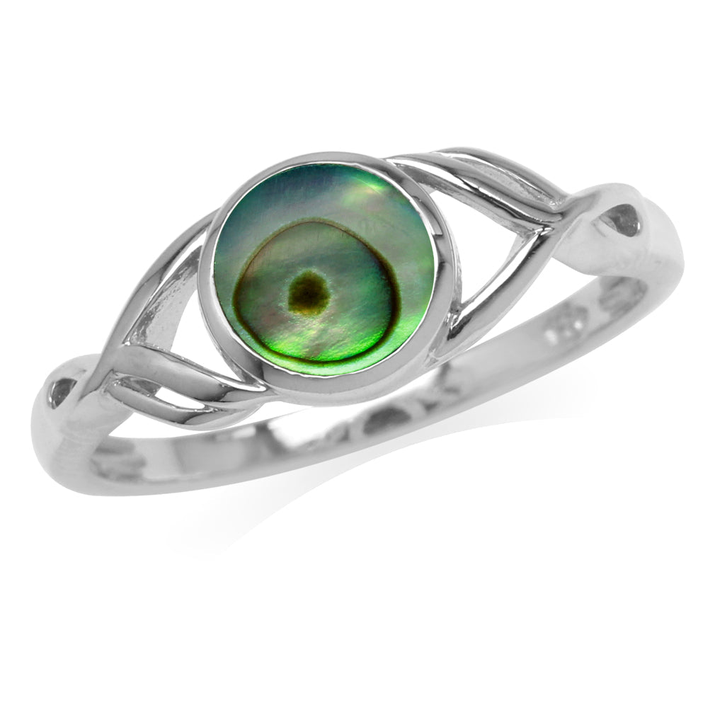 7mm Round Shape Abalone Paua Shell White Gold Plated 925 Sterling Silver Casual Solitaire Ring - Silvershake-store