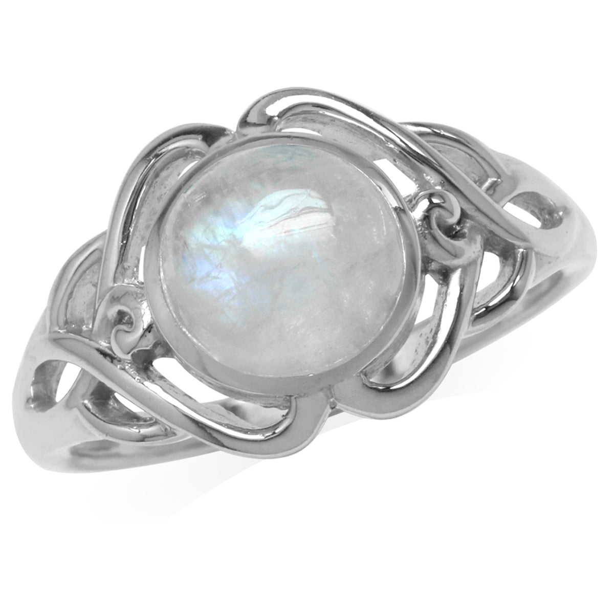 8MM Natural Round Shape Moonstone White Gold Plated 925 Sterling Silver Celtic Knot Solitaire Ring