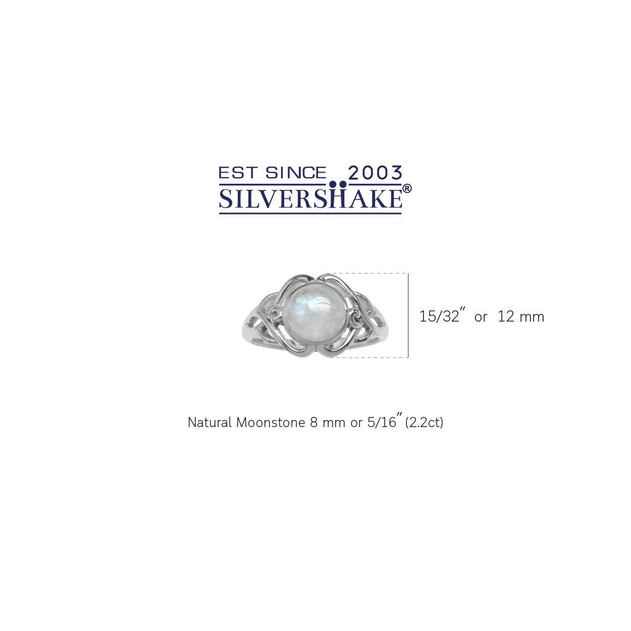 8MM Natural Round Shape Moonstone White Gold Plated 925 Sterling Silver Celtic Knot Solitaire Ring