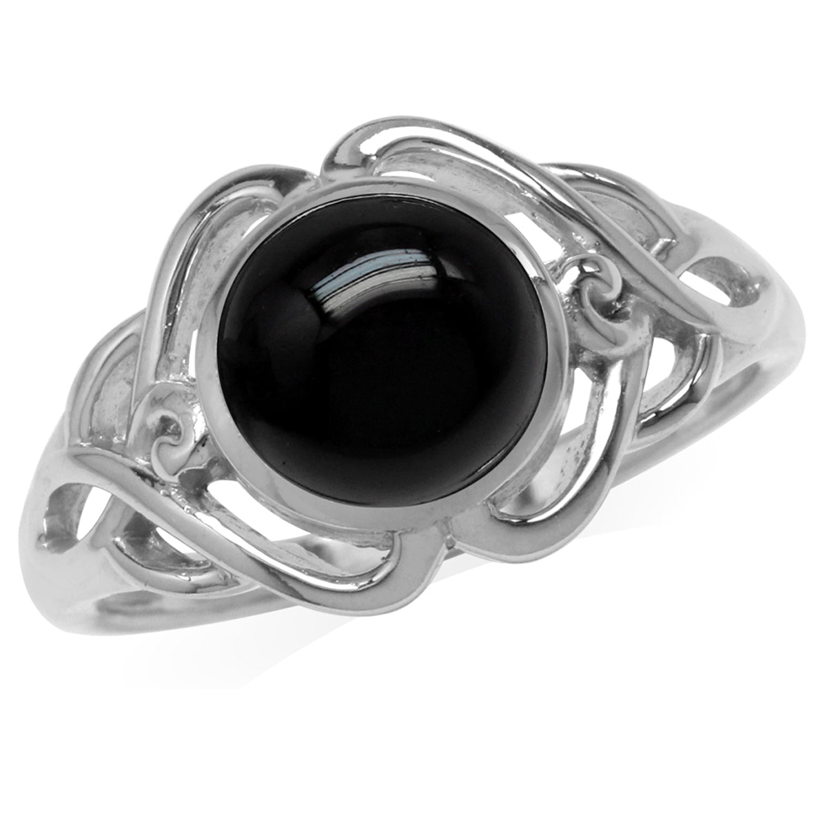 8MM Genuine Round Shape Black Onyx White Gold Plated 925 Sterling Silver Celtic Knot Solitaire Ring