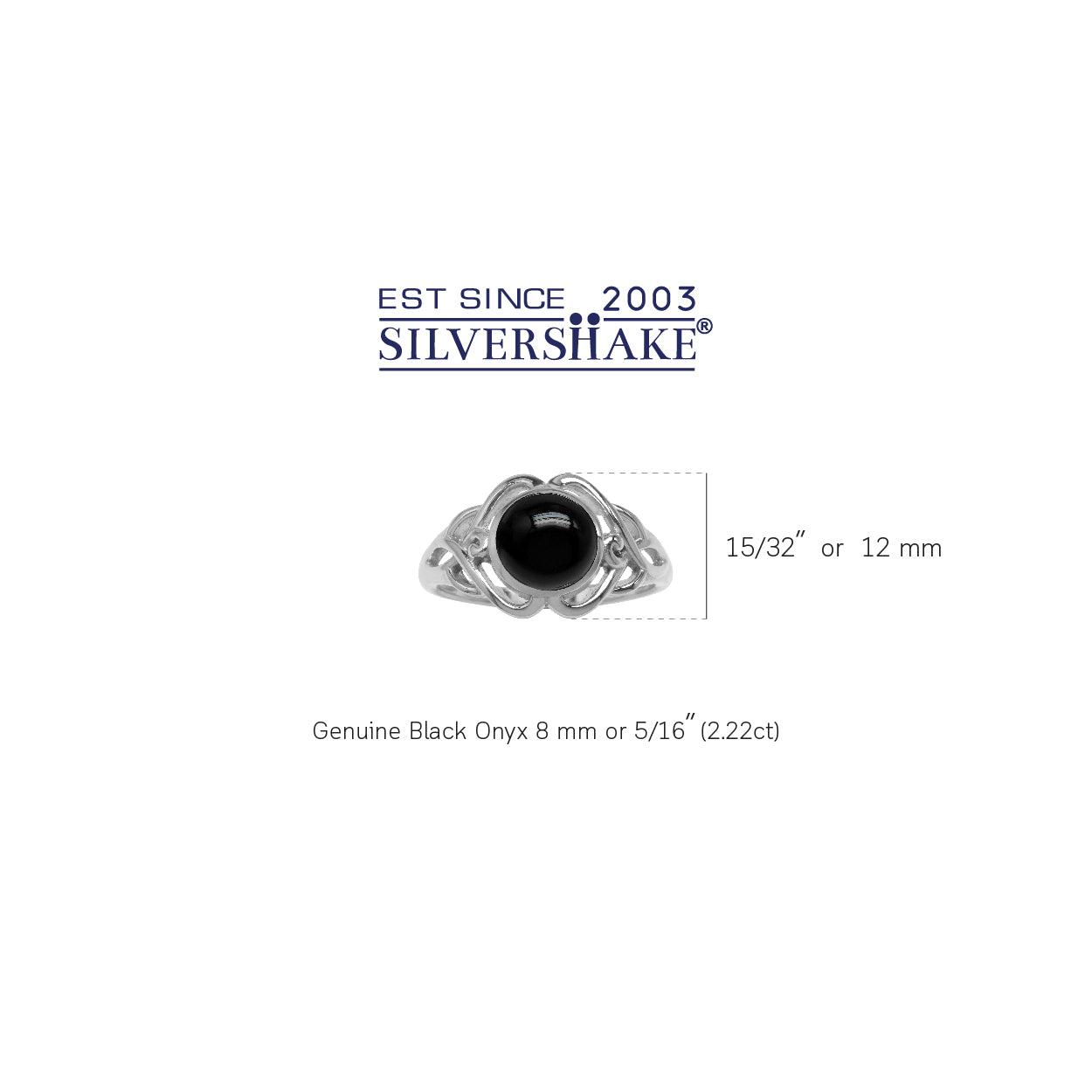 8MM Genuine Round Shape Black Onyx White Gold Plated 925 Sterling Silver Celtic Knot Solitaire Ring