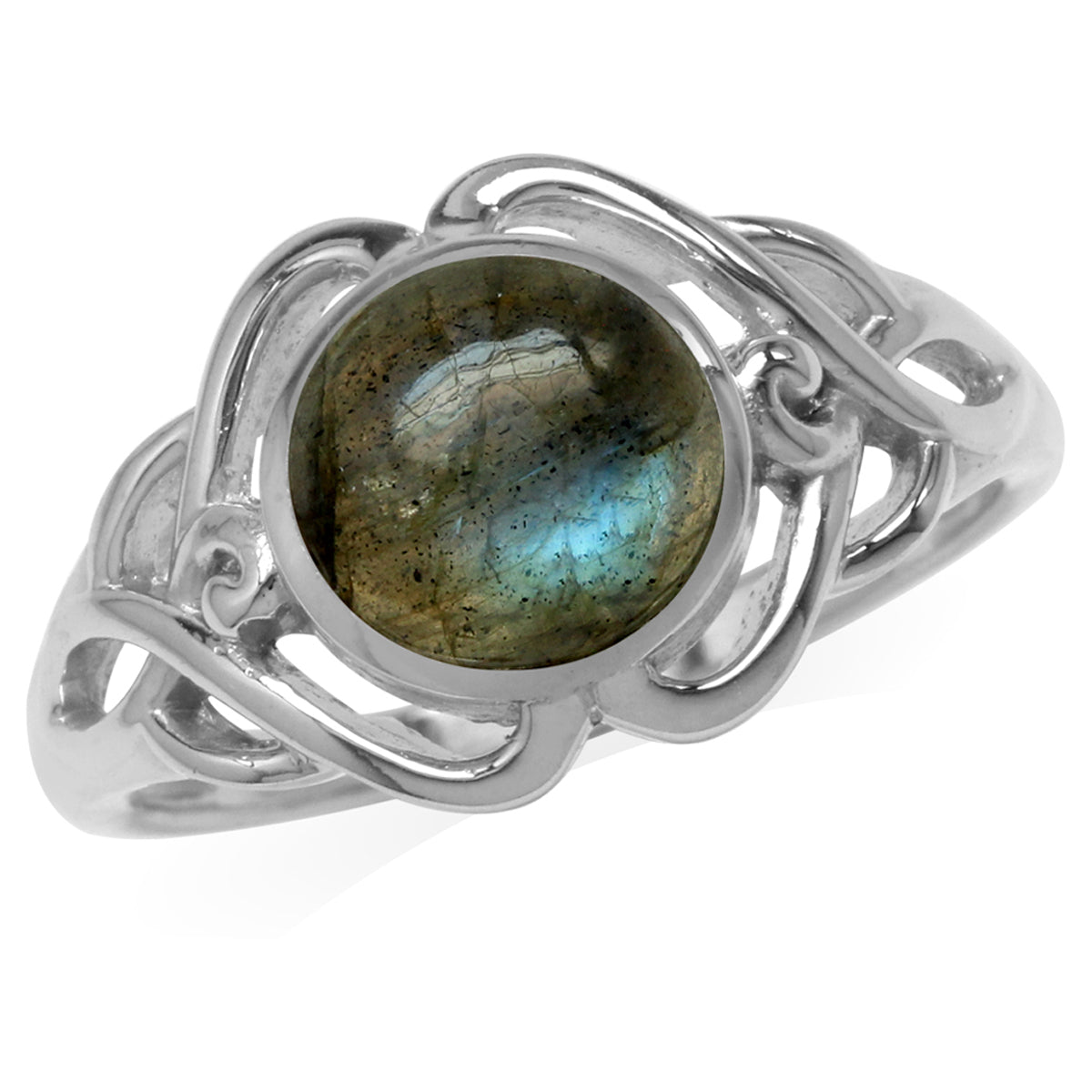 8MM Round Shape Labradorite White Gold Plated 925 Sterling Silver Celtic Knot Solitaire Ring