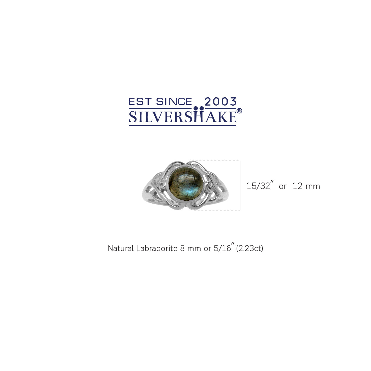 8MM Round Shape Labradorite White Gold Plated 925 Sterling Silver Celtic Knot Solitaire Ring