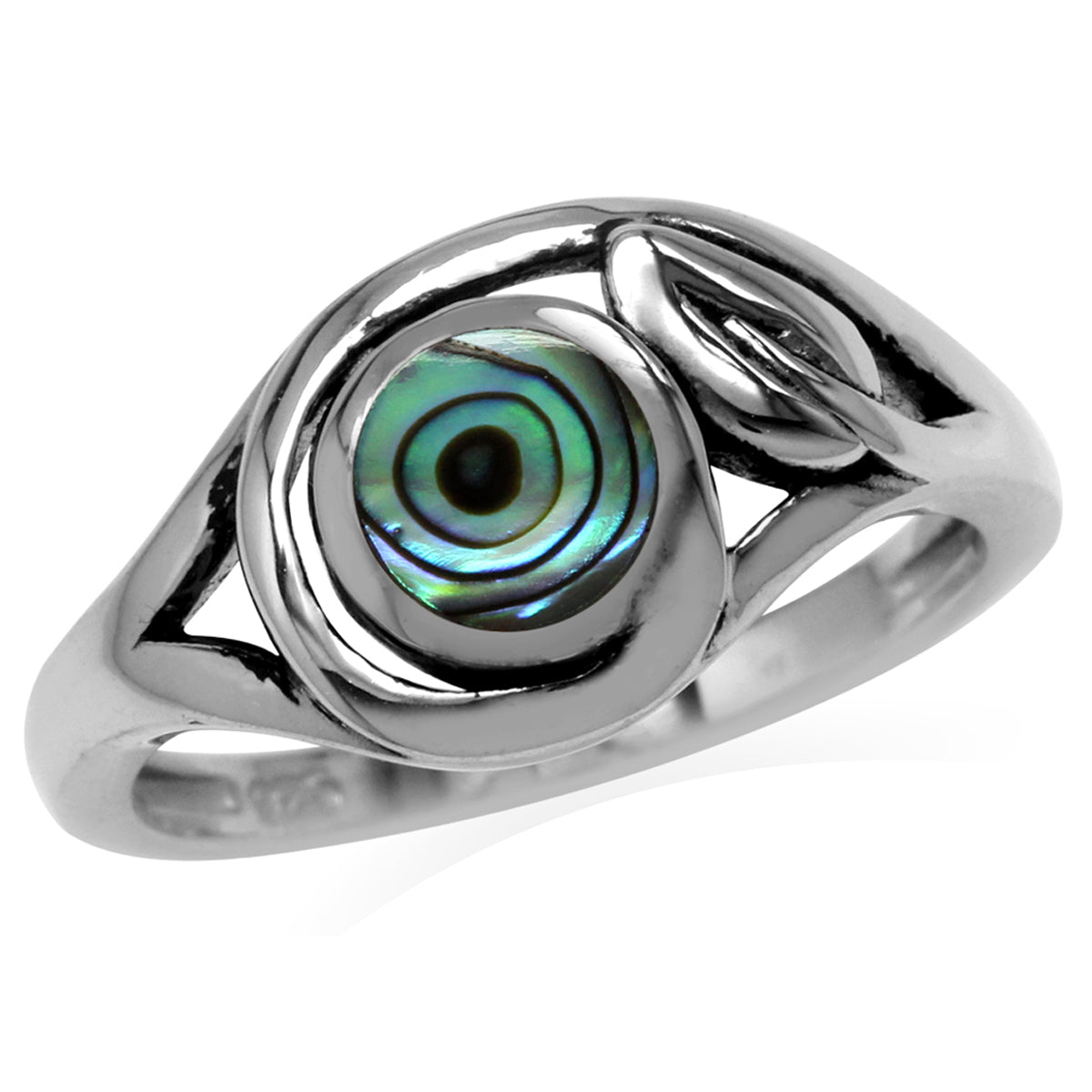 6MM Round Shape Abalone/Paua Shell Inlay 925 Sterling Silver Leaf Vintage Inspired Ring