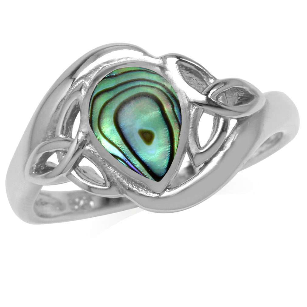 Pear Shape Pink Mother of Pearl White Gold Plated 925 Sterling Silver Triquetra Celtic Knot Ring - Silvershake-store