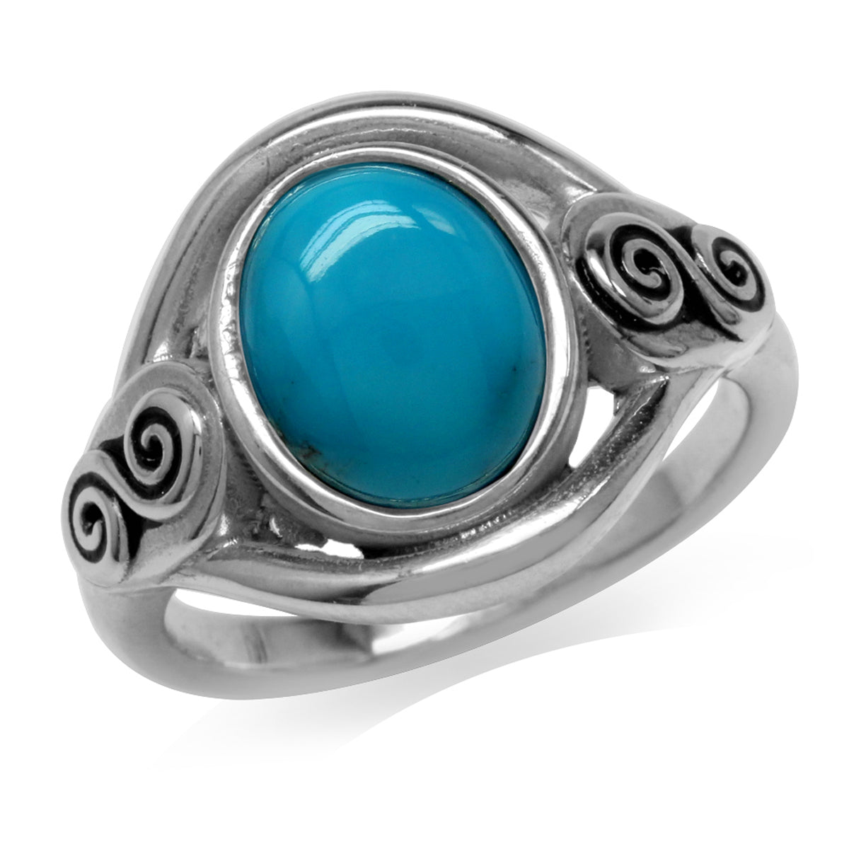10x8MM Genuine Oval Shape American Turquoise 925 Sterling Silver Swirl & Spiral Solitaire Ring silvershake