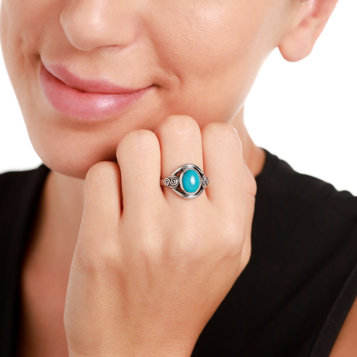 10x8MM Genuine Oval Shape American Turquoise 925 Sterling Silver Swirl & Spiral Solitaire Ring silvershake