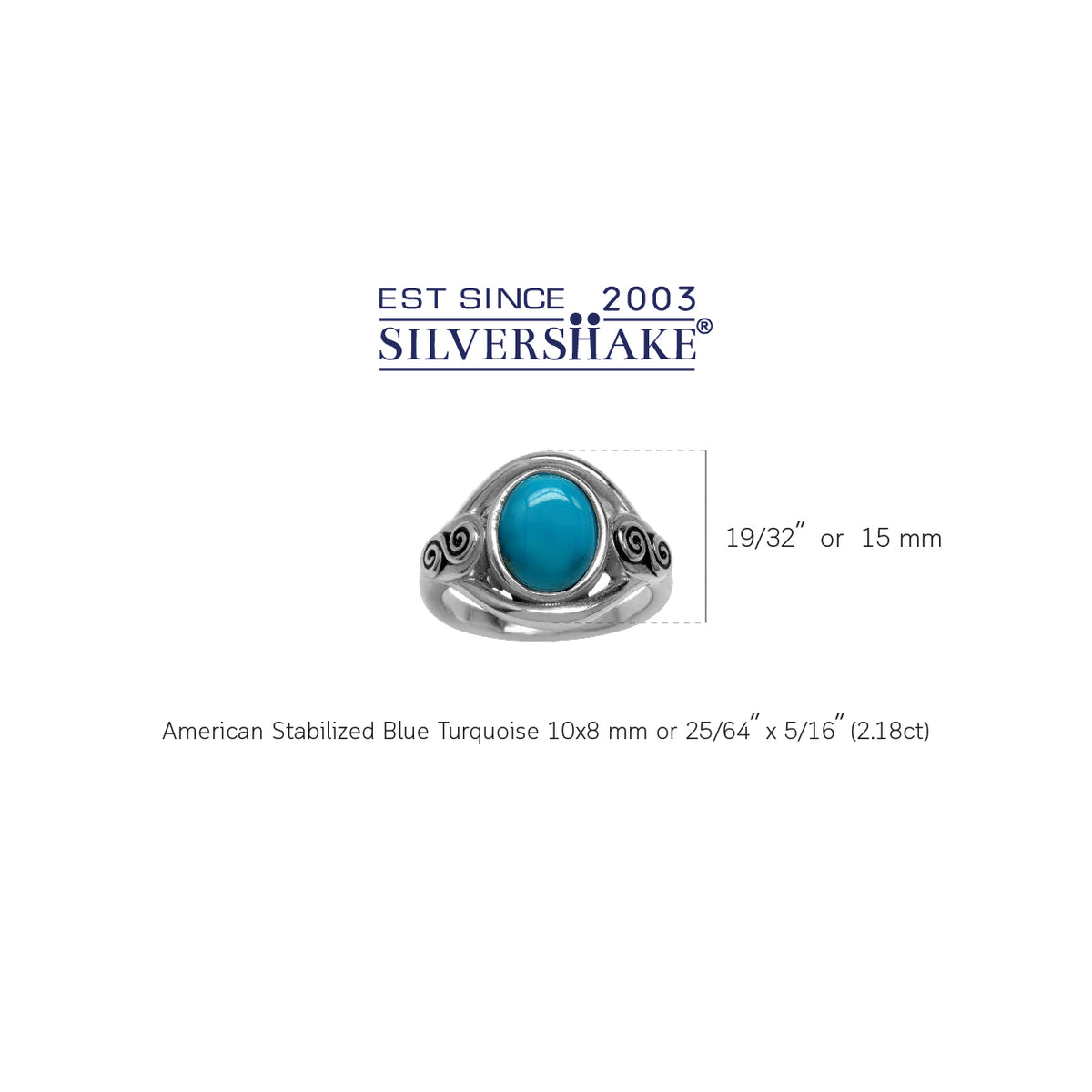 10x8MM Genuine Oval Shape American Turquoise 925 Sterling Silver Swirl & Spiral Solitaire Ring silvershake
