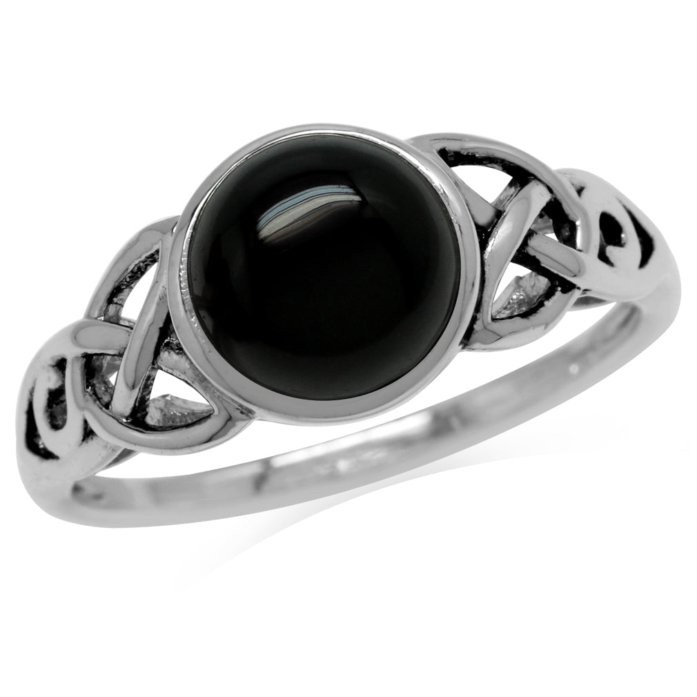 8mm Natural Round Shape Black Onyx 925 Sterling Silver Triquetra Celtic Knot Solitaire Ring - Silvershake-store