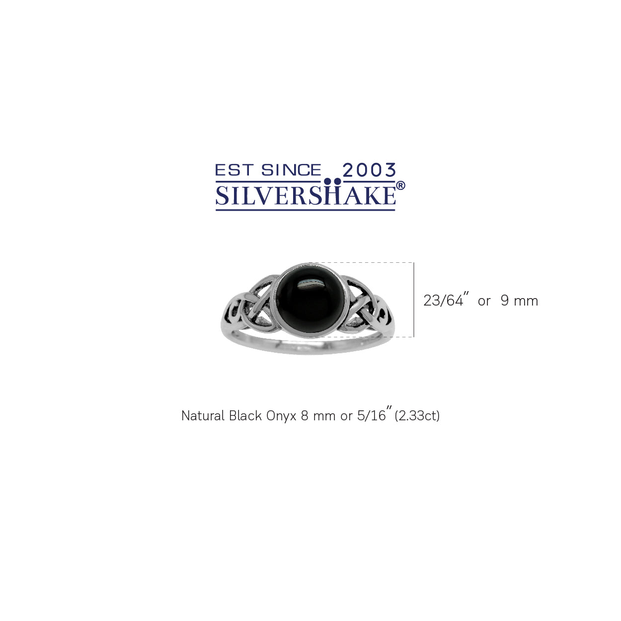 8mm Natural Round Shape Black Onyx 925 Sterling Silver Triquetra Celtic Knot Solitaire Ring - Silvershake-store