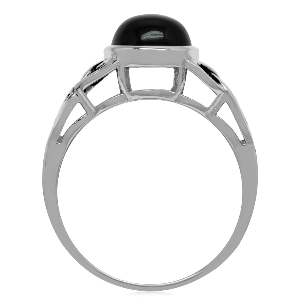 8mm Natural Round Shape Black Onyx 925 Sterling Silver Triquetra Celtic Knot Solitaire Ring - Silvershake-store