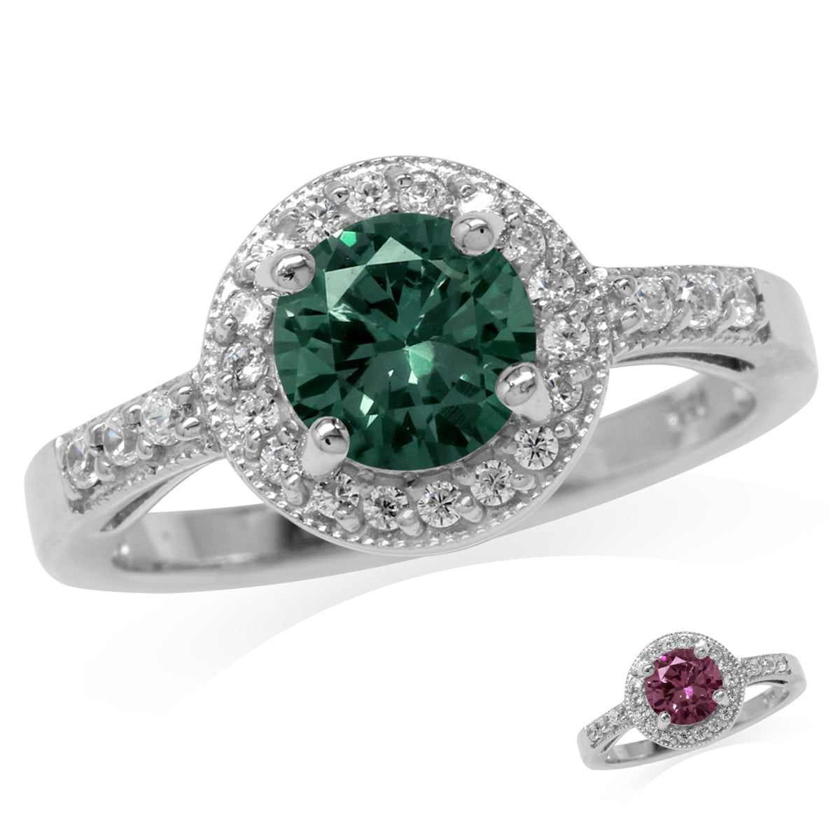 7MM Round Shape Simulated Color Change Alexandrite 925 Sterling Silver Halo Engagement Ring
