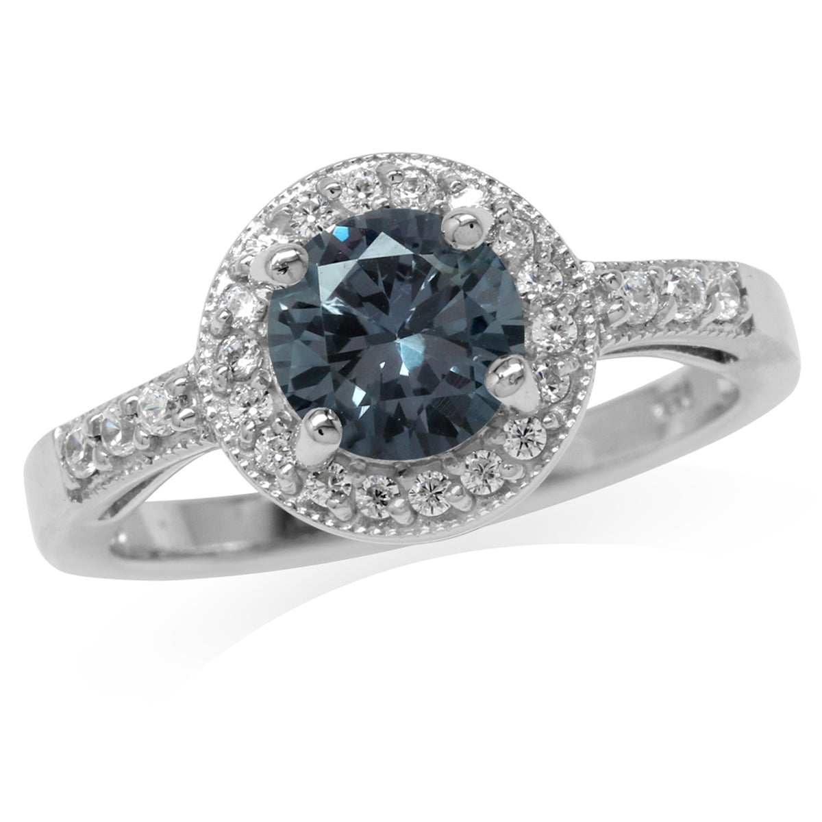 7MM Round Shape Simulated Color Change Alexandrite 925 Sterling Silver Halo Engagement Ring