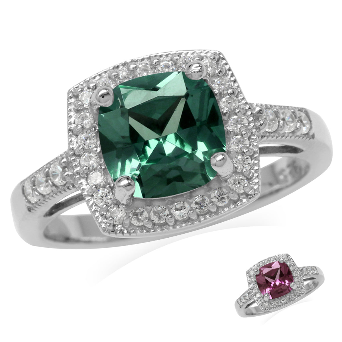 8mm Cushion Shape Created Color Change Alexandrite 925 Sterling Silver Halo Engagement Ring