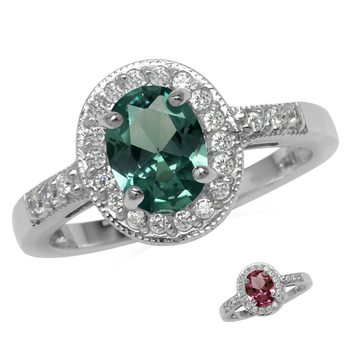 8x6MM Oval Shape Simulated Color Change Alexandrite 925 Sterling Silver Halo Engagement Ring