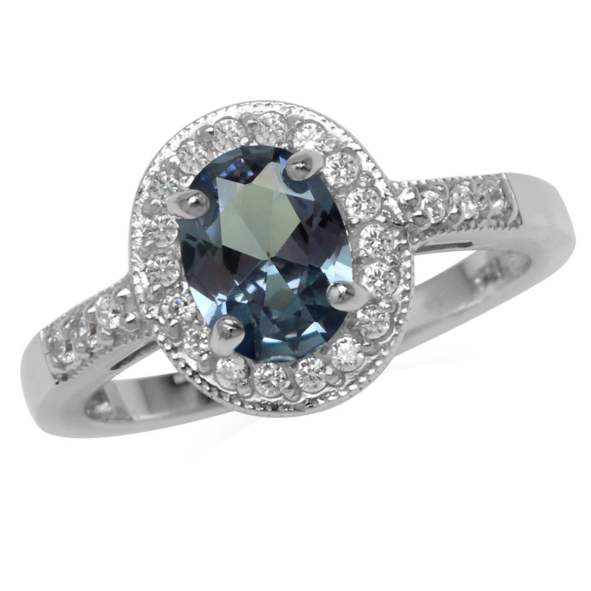 8x6MM Oval Shape Simulated Color Change Alexandrite 925 Sterling Silver Halo Engagement Ring