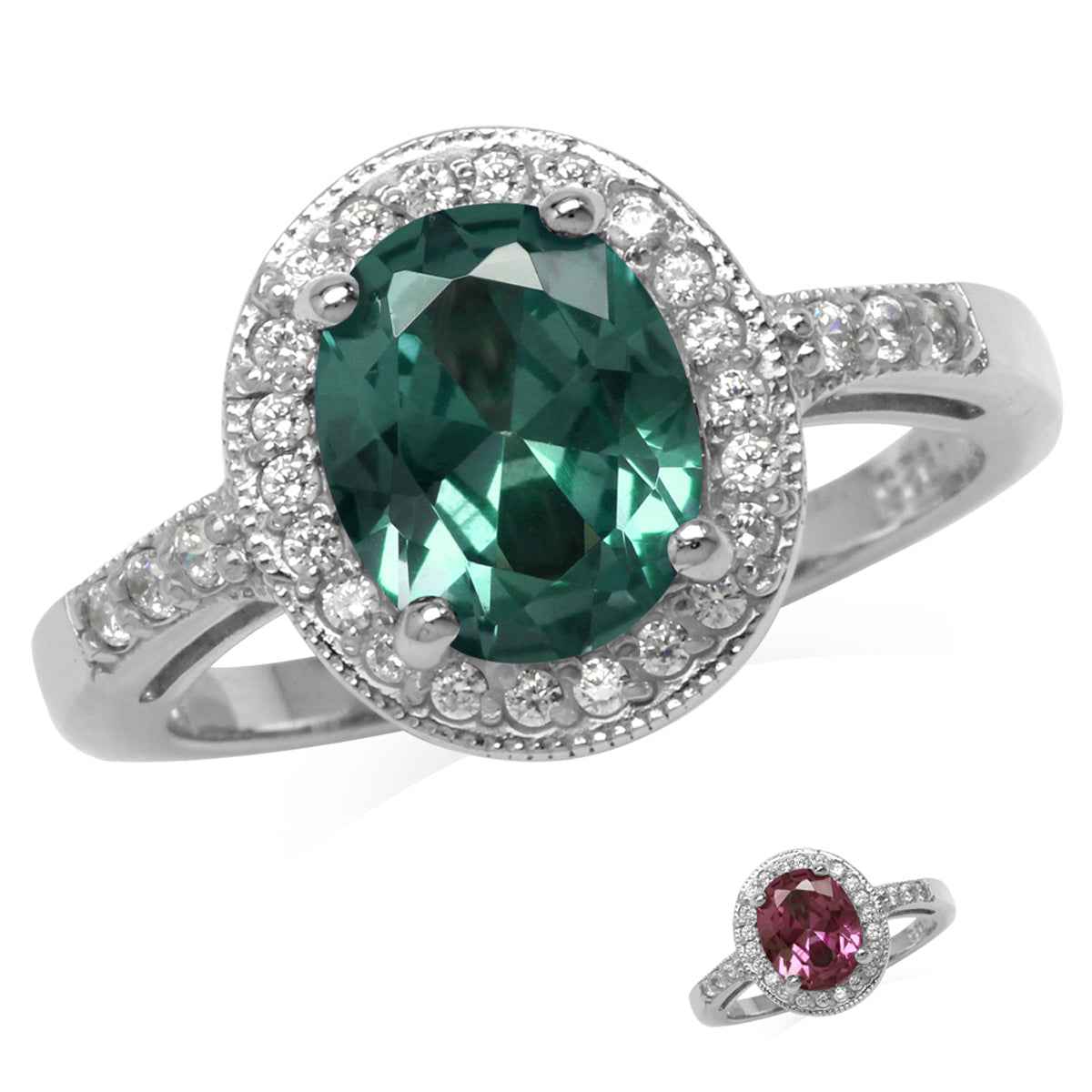 10x8MM Oval Shape Simulated Color Change Alexandrite 925 Sterling Silver Halo Engagement Ring