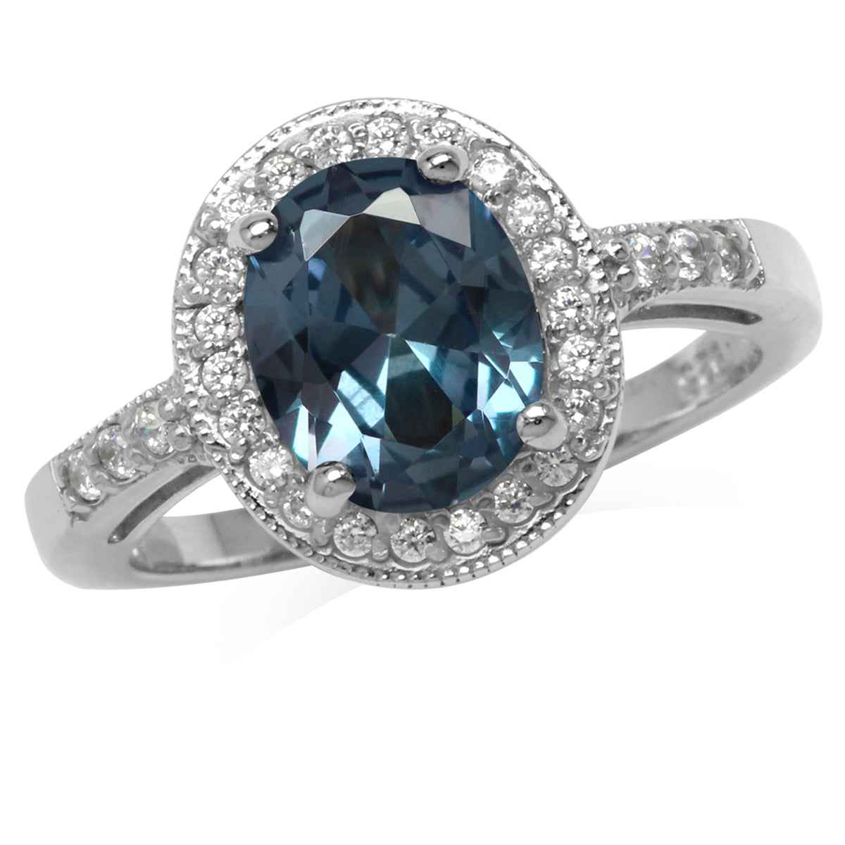 10x8MM Oval Shape Simulated Color Change Alexandrite 925 Sterling Silver Halo Engagement Ring