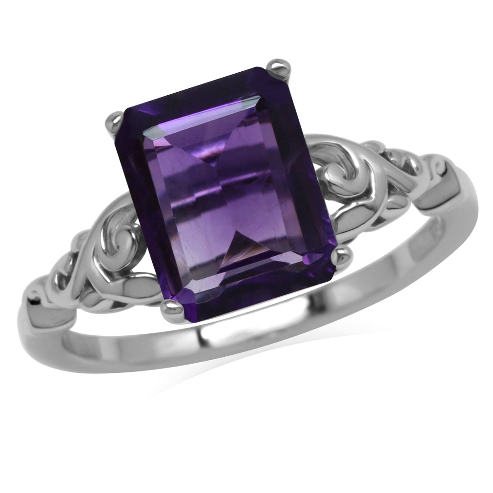 3.06ct. 10X8mm Octagon Natural African Amethyst 925 Sterling Silver Filigree Leaf Solitaire Ring Size 6 - Silvershake-store