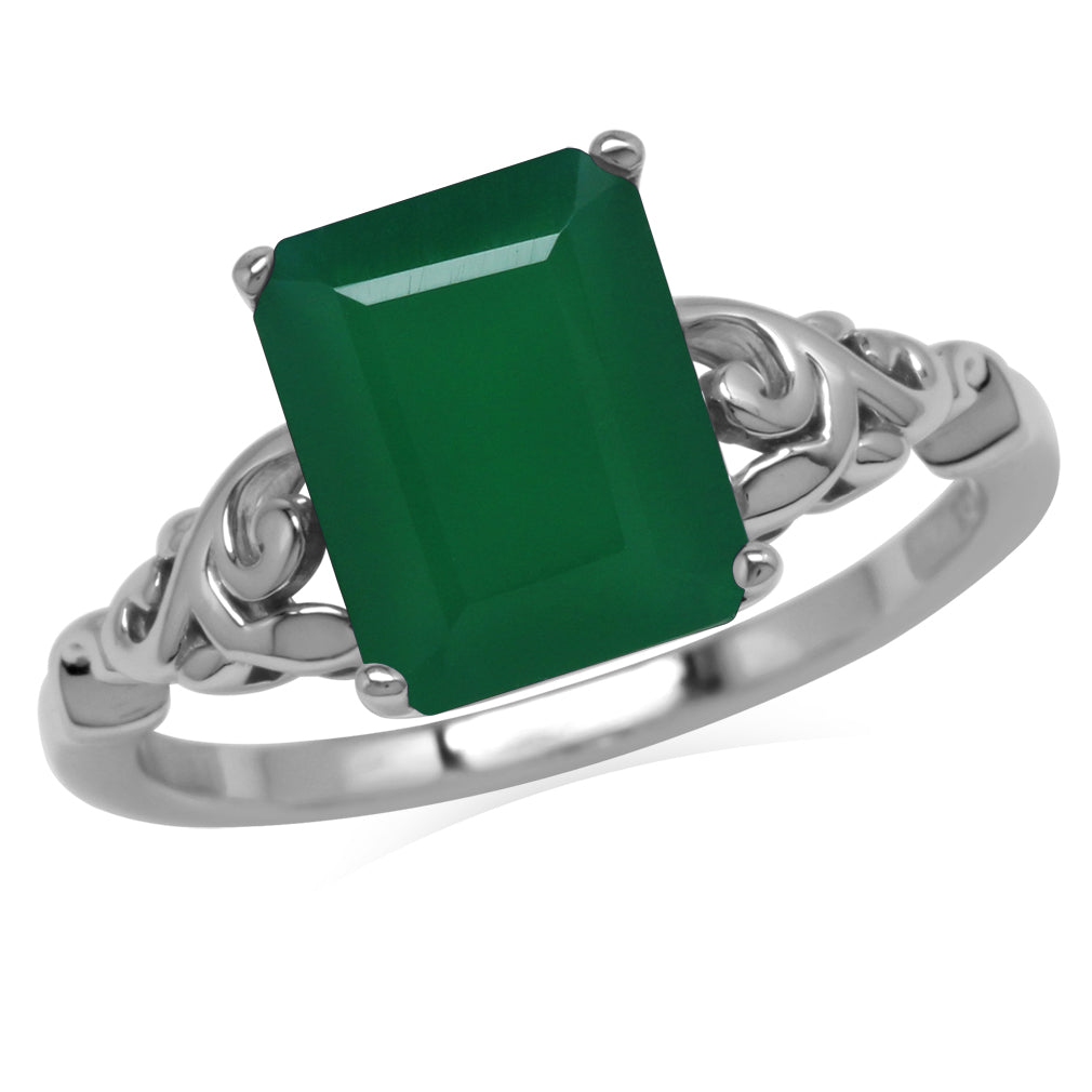 3.29 CTW 10X8mm Natural Octagon Shape Emerald Green Agate White Gold Plated 925 Sterling Silver Filigree Leaf Solitaire Ring May Gemstone Birthstone - Silvershake-store
