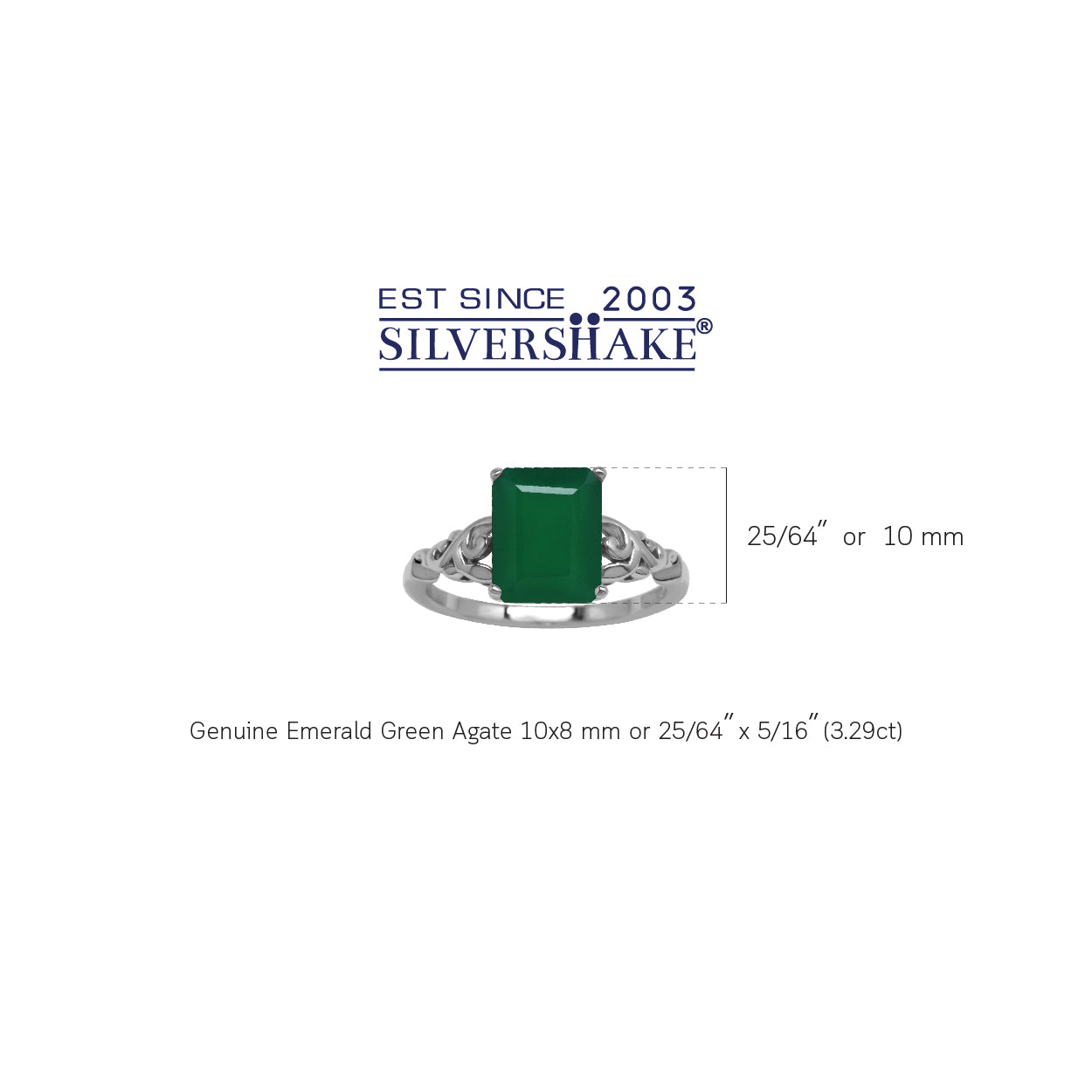 3.29 CTW 10X8mm Natural Octagon Shape Emerald Green Agate White Gold Plated 925 Sterling Silver Filigree Leaf Solitaire Ring May Gemstone Birthstone - Silvershake-store