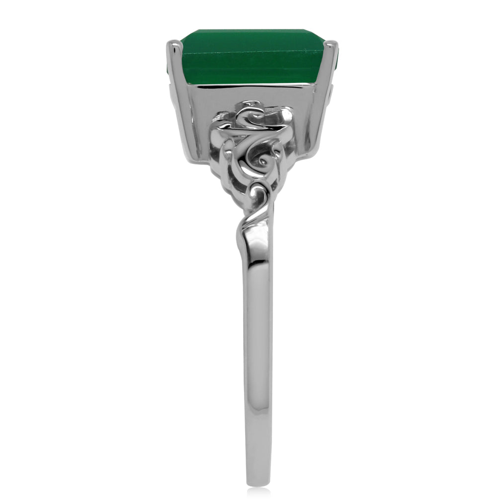 3.29 CTW 10X8mm Natural Octagon Shape Emerald Green Agate White Gold Plated 925 Sterling Silver Filigree Leaf Solitaire Ring May Gemstone Birthstone - Silvershake-store