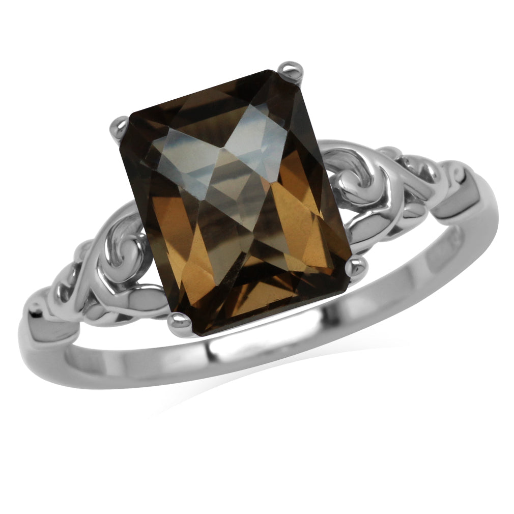 3.13 CTW 10X8mm Natural Octagon Shape Smoky Quartz White Gold Plated 925 Sterling Silver Filigree Leaf Solitaire Gemstone Ring - Silvershake-store