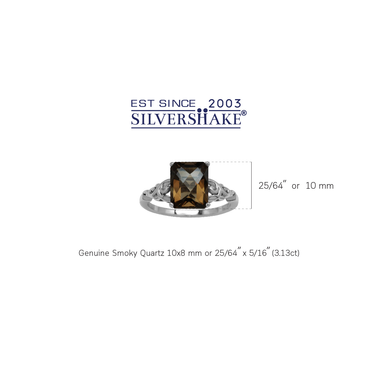 3.13 CTW 10X8mm Natural Octagon Shape Smoky Quartz White Gold Plated 925 Sterling Silver Filigree Leaf Solitaire Gemstone Ring - Silvershake-store