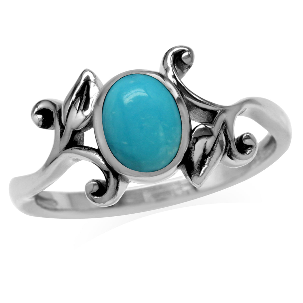 8x6MM Genuine Oval Shape American Turquoise 925 Sterling Silver Leaf Vintage Inspired Ring