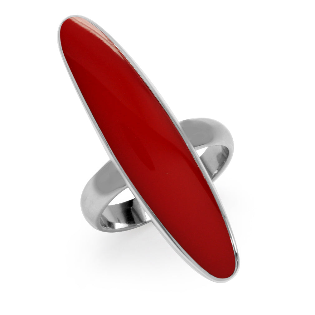 Long Created Red Coral Inlay White Gold Plated 925 Sterling Silver Ring - Silvershake-store