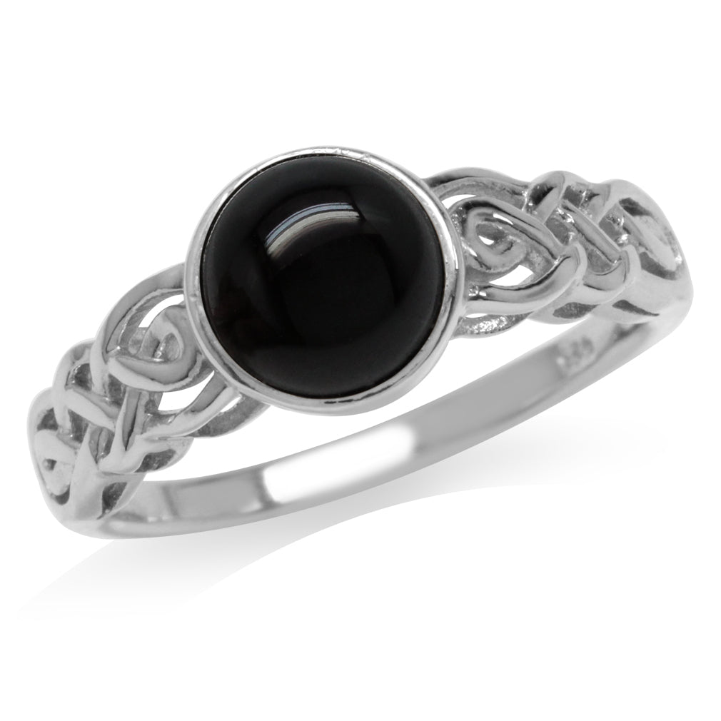 7mm Natural Round Shape Black Onyx White Gold Plated 925 Sterling Silver Celtic Knot Solitaire Ring - Silvershake-store