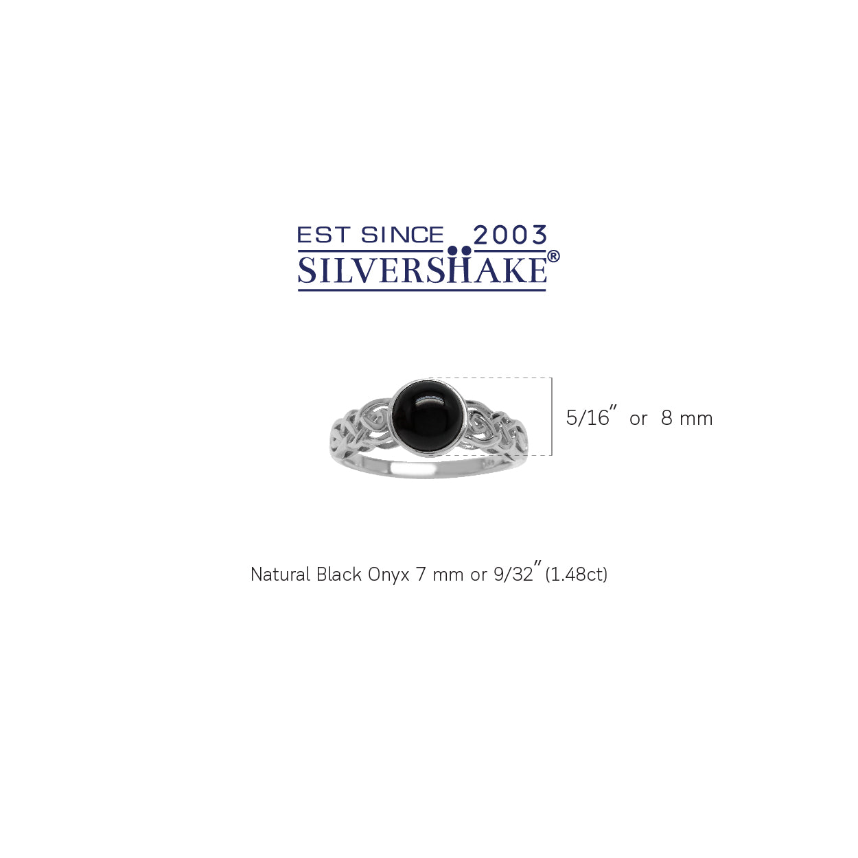7mm Natural Round Shape Black Onyx White Gold Plated 925 Sterling Silver Celtic Knot Solitaire Ring - Silvershake-store