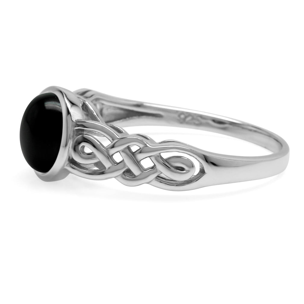7mm Natural Round Shape Black Onyx White Gold Plated 925 Sterling Silver Celtic Knot Solitaire Ring - Silvershake-store