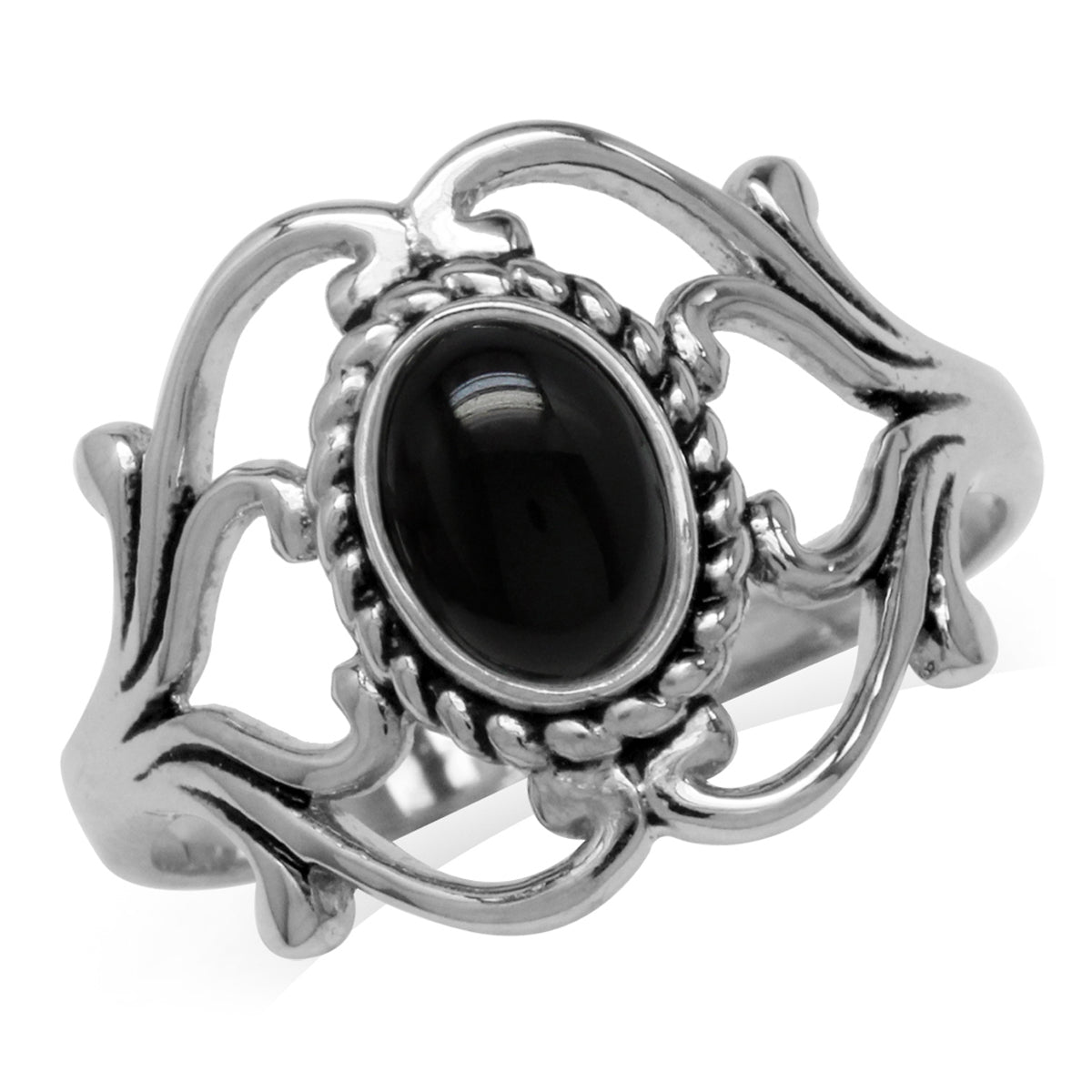 Genuine Black Onyx 925 Sterling Silver Victorian Style Rope Ring - Silvershake-store