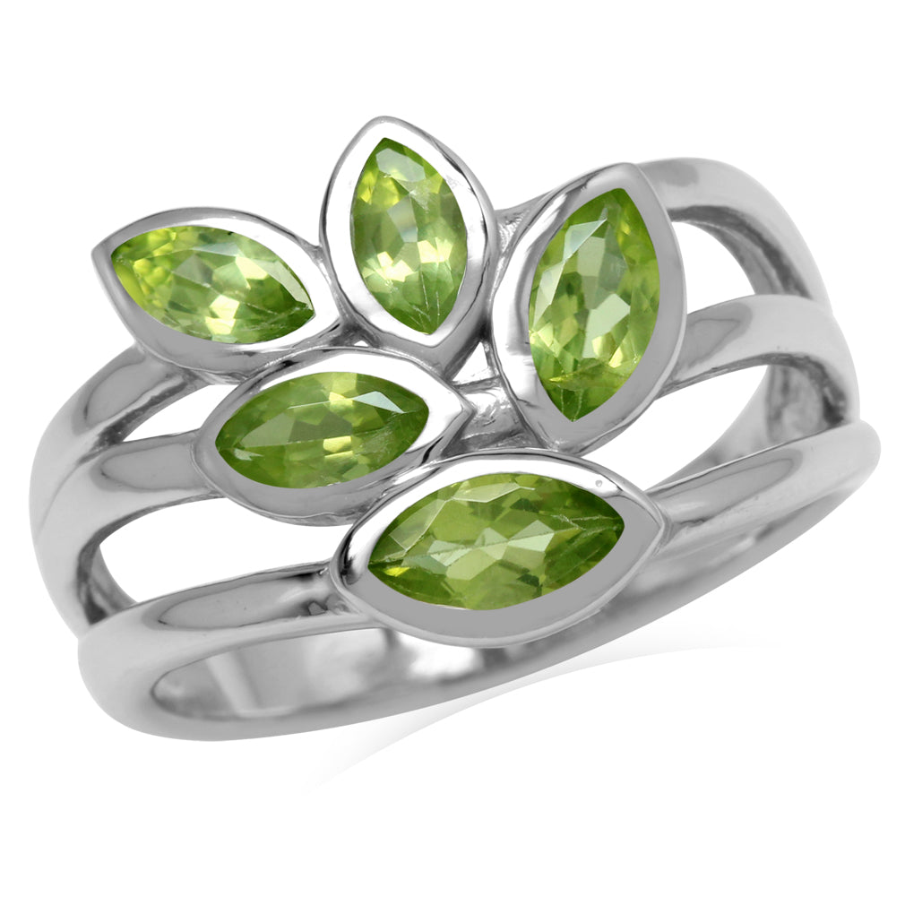 1.59ct. 5 Stone Natural Marquise Shape Peridot 925 Sterling Silver 3 Lines Leaf Ring - Silvershake-store