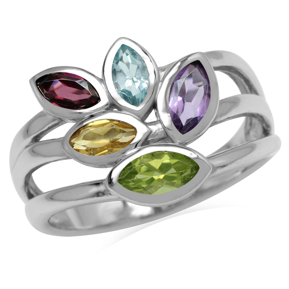 Natural Peridot Amethyst Citrine Rhodolite Garnet and Topaz 925 Sterling Silver 3 Lines Leaf Ring - Silvershake-store