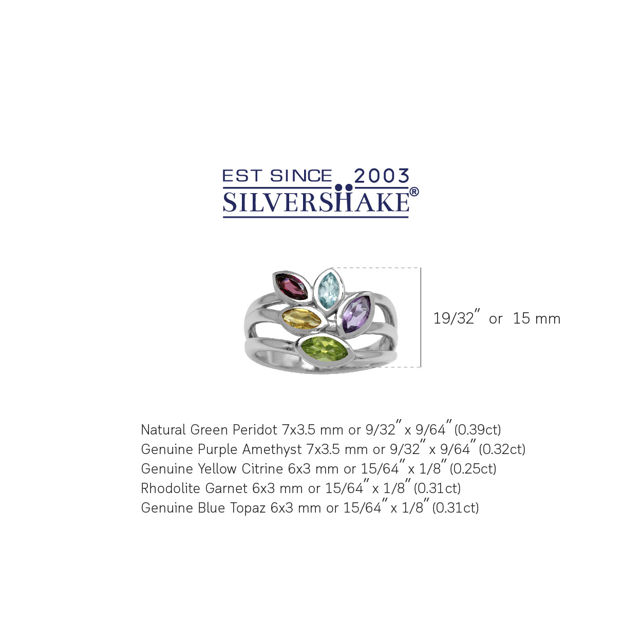 Natural Peridot Amethyst Citrine Rhodolite Garnet and Topaz 925 Sterling Silver 3 Lines Leaf Ring - Silvershake-store